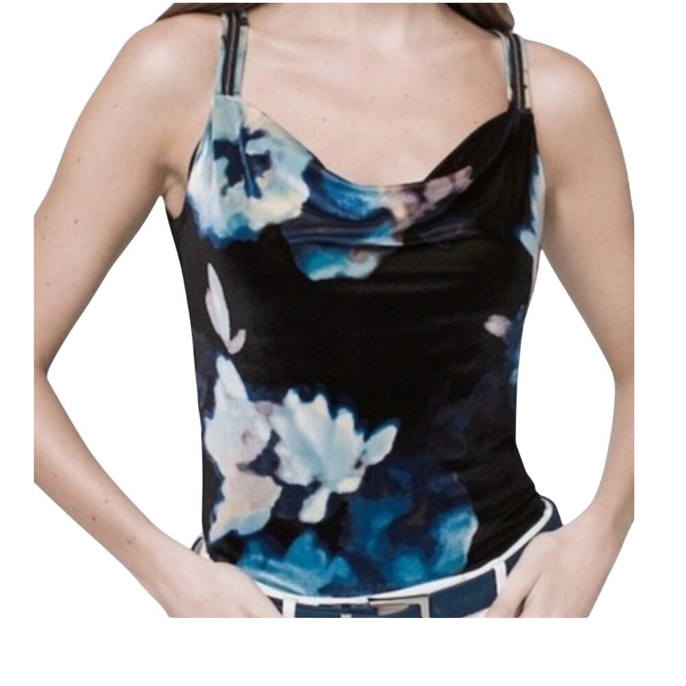 WHITE HOUSE BLACK MARKET Velvet Tank Drape Neck Floral Dark Fairy XS NEW Black